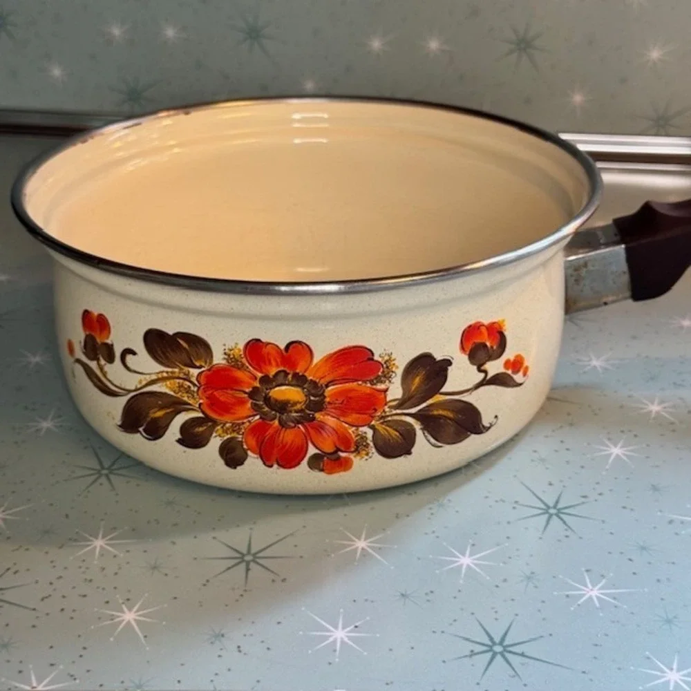 Vintage 1970s Moneta #18 Enamel Saucepan Pot Orange &‎ Brown Floral Boho Italy